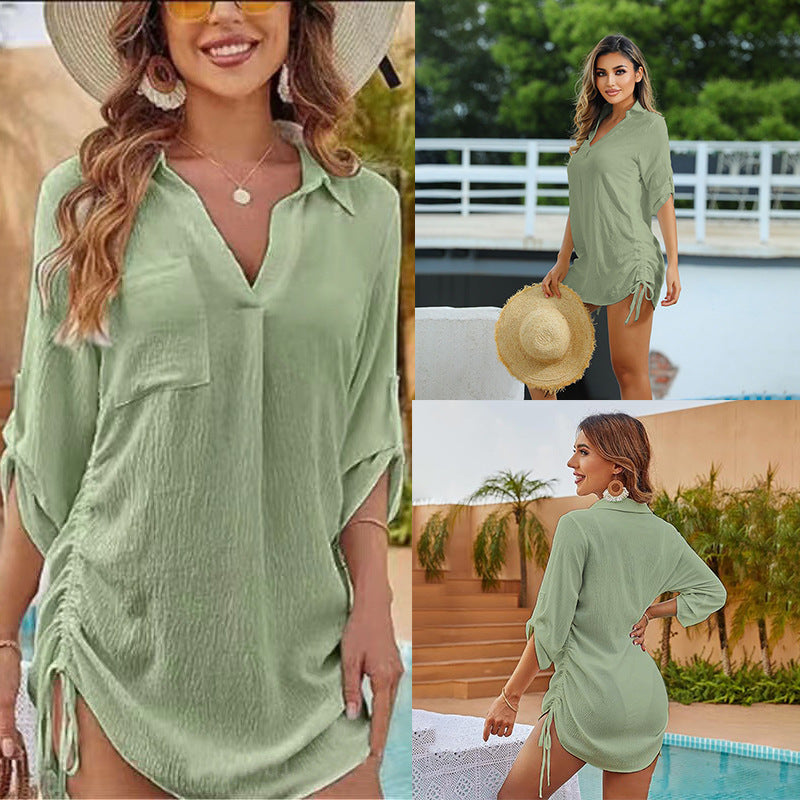 European And American Drawstring Blouse Collar Beach Jacket Head Bikini