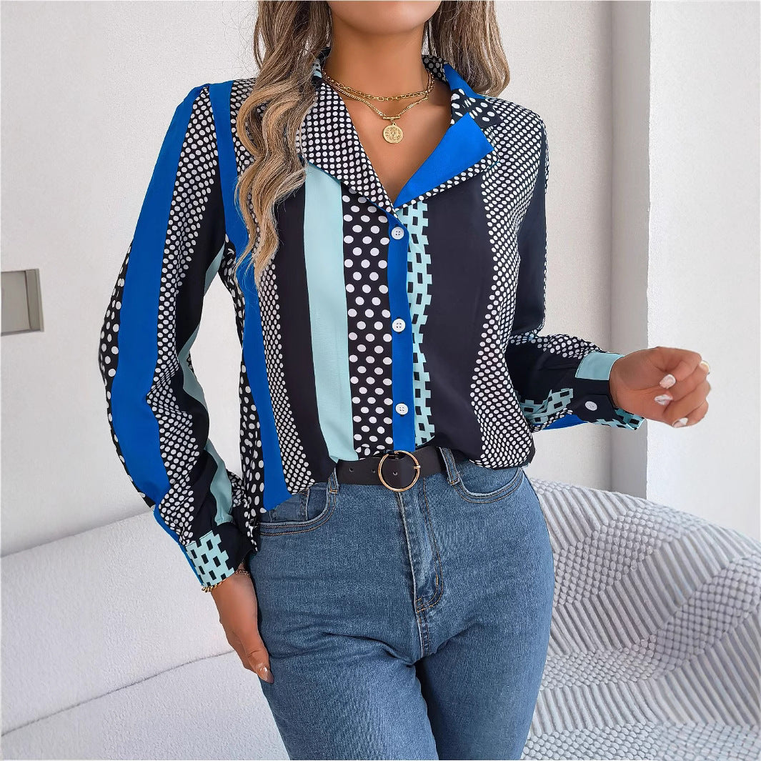 Contrast Color Polka Dot Suit Collar Long Sleeve Shirt