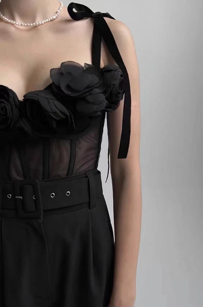 Black Rose Pleated Lace Sheer Vest