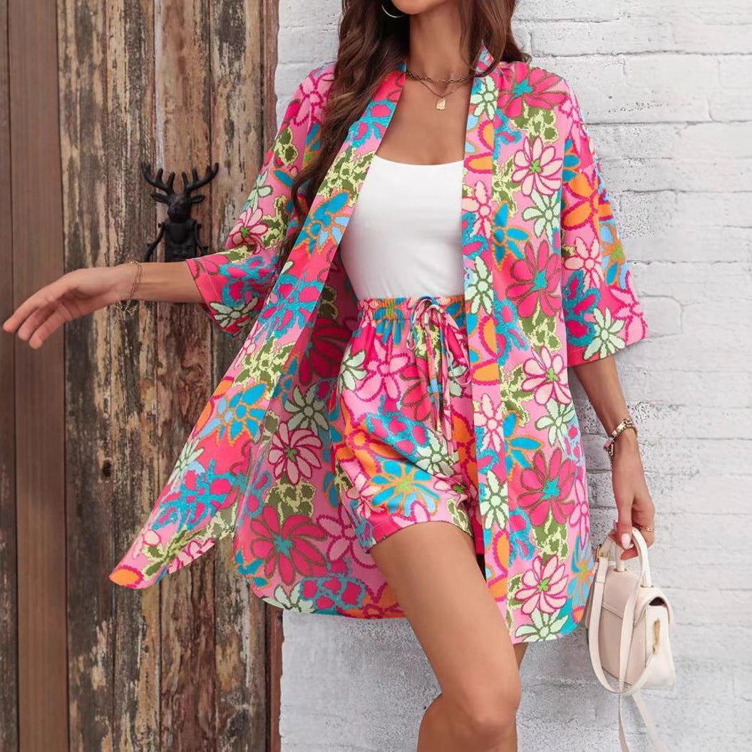 Holiday Floral Print Elegant Two-piece Shirt