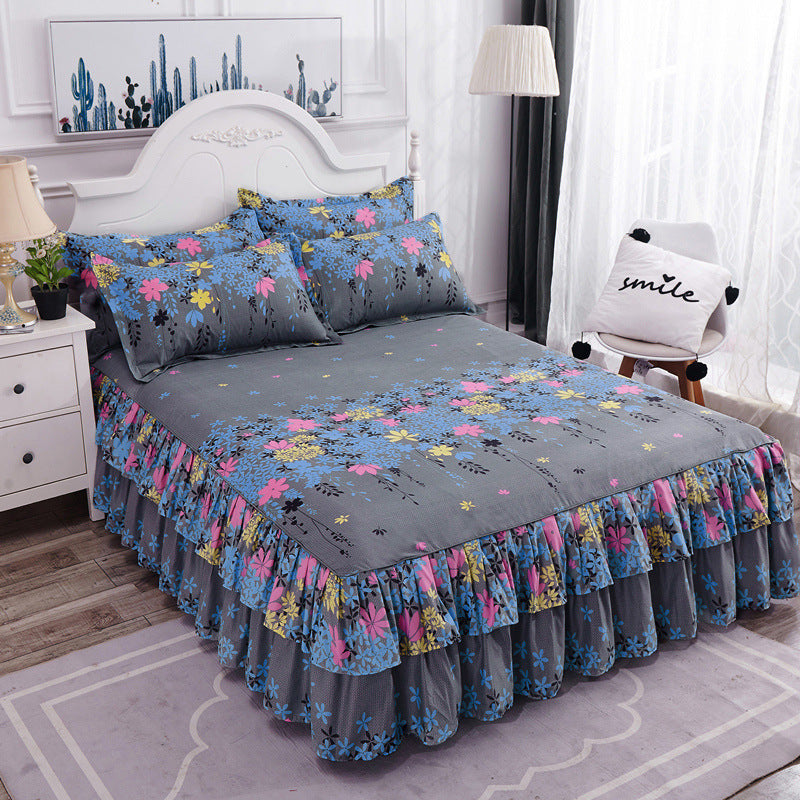 Korean Style Sanded Bed Skirt Three-piece Bedspread