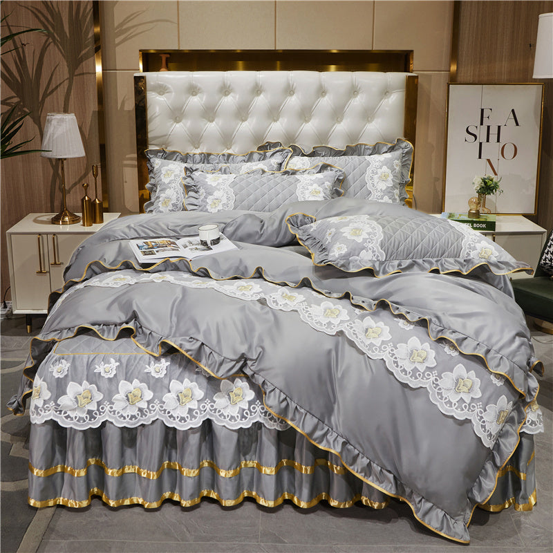 Princess Style Lace Bed Skirt Tencel Four-piece Suit