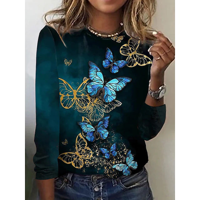 Women's Fashion Butterfly Print Round Neck T-Shirt