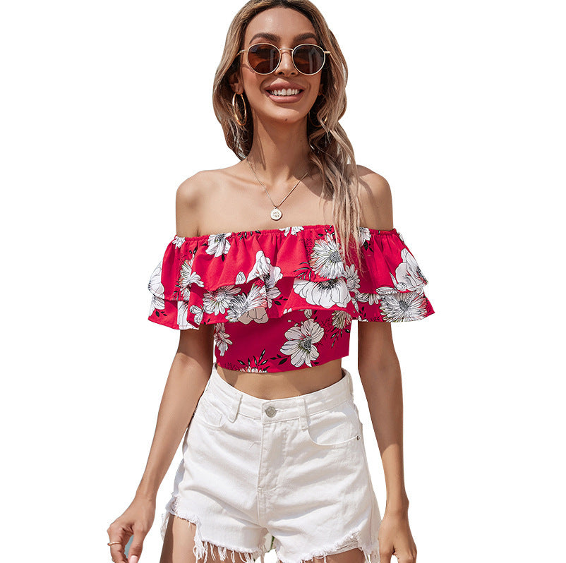 Printed Fashion Short-Sleeved Shirt Short Cropped Shoulder Top