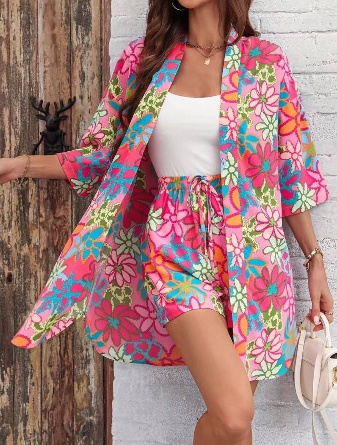 Holiday Floral Print Elegant Two-piece Shirt