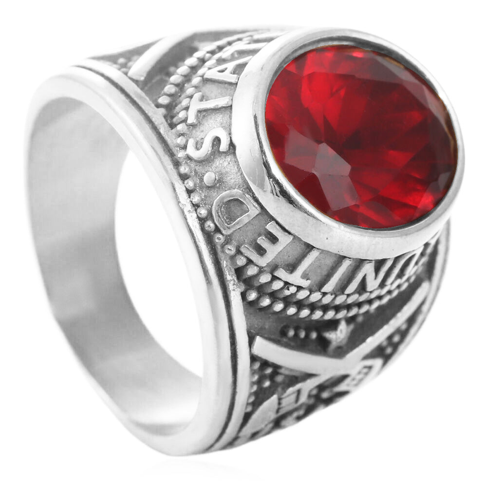 Stainless Steel Red Rhinestone American Army Men's Ring