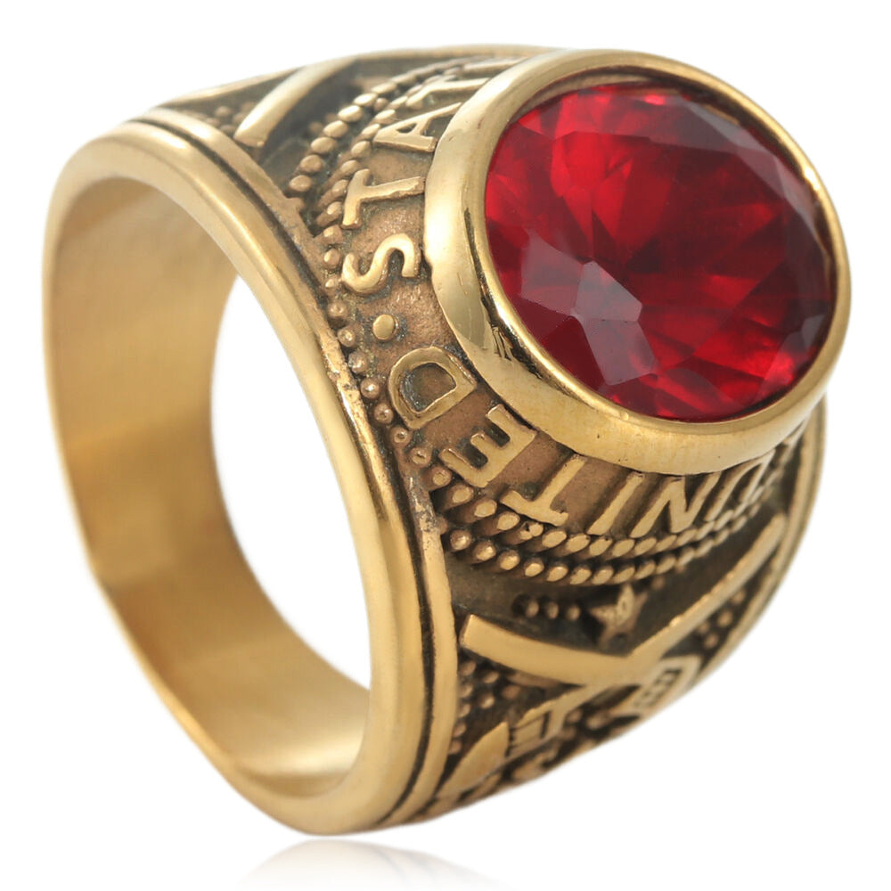 Stainless Steel Red Rhinestone American Army Men's Ring