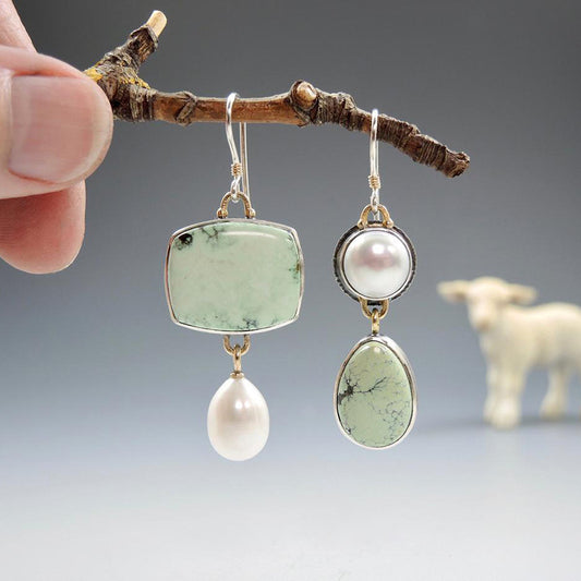 Asymmetric Pearl Handmade Geometric Light Green Enamel Eardrops