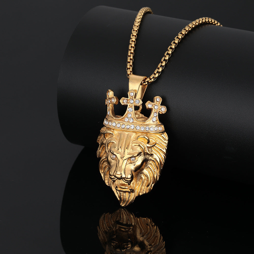 Street Style Titanium Steel Gold Plated Crown Lion Pendant