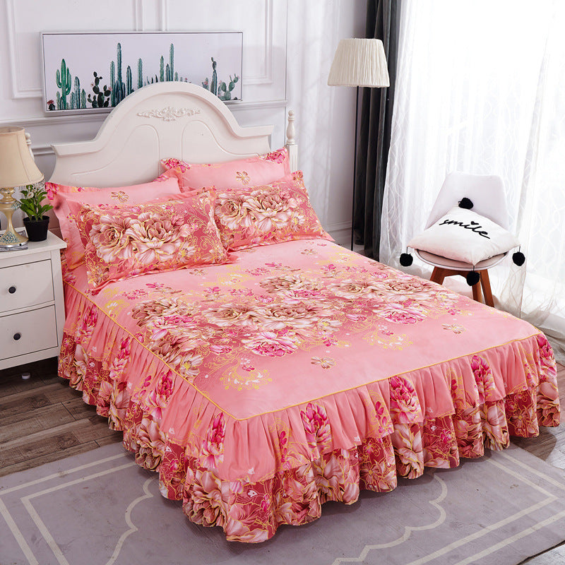 Korean Style Sanded Bed Skirt Three-piece Bedspread