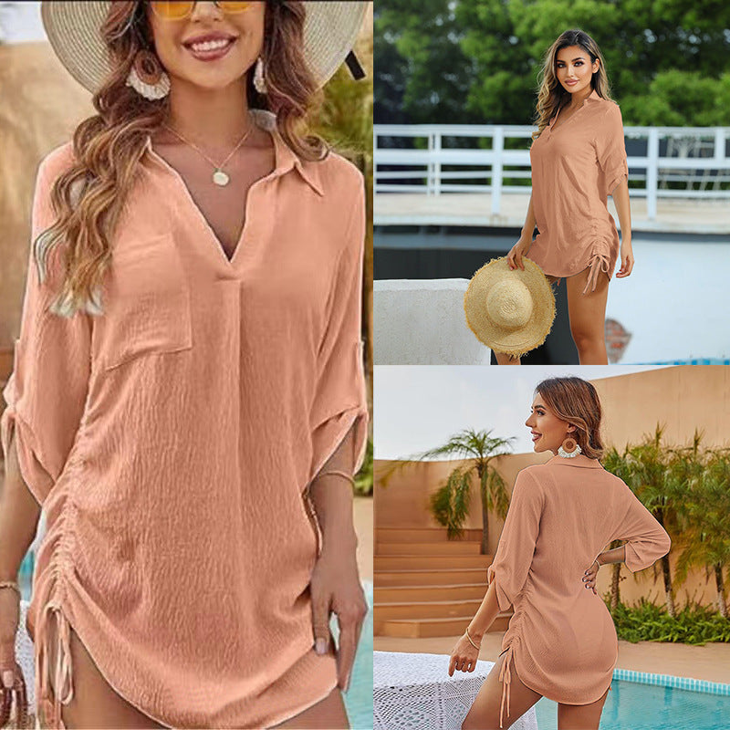 European And American Drawstring Blouse Collar Beach Jacket Head Bikini