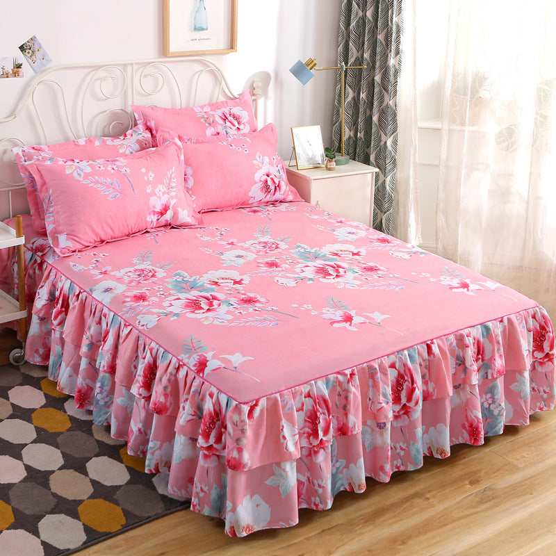 Korean Style Sanded Bed Skirt Three-piece Bedspread