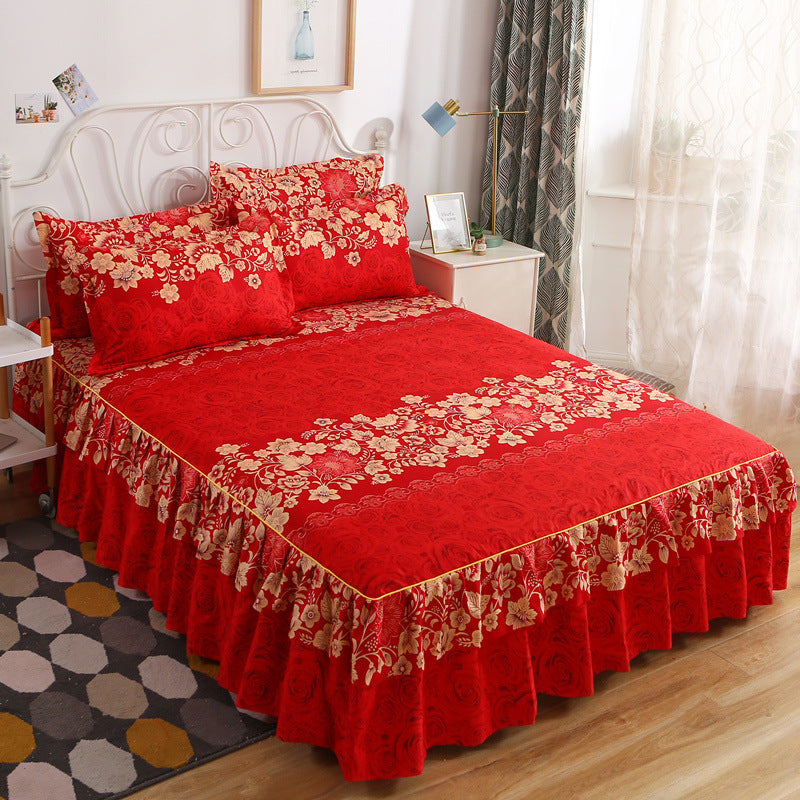 Korean Style Sanded Bed Skirt Three-piece Bedspread